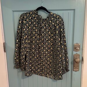 Olive Polka Dot Tie-Neck Blouse with Gold Accents